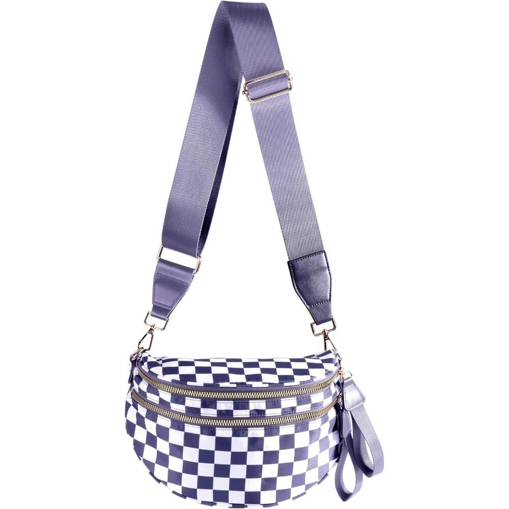 〽️Women's Purple White Nylon Checkered Classic Adjustable Straps Crossbody Bag